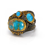 Persian Turquoise Ring Size 7.5 - 2 Oval Cabochons & 1 Round Cabochon with Gold Vermeil Bezels & Beading on Branching Wood Grain Stamped Oxidized Sterling Silver Band with Gold Accents