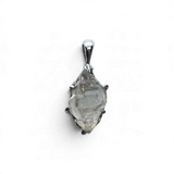 Rare Earth Gallery quartz crystal pendant featuring an elongated double terminated stone in a rhodium plated prong setting