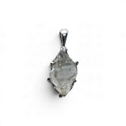 Rare Earth Gallery quartz crystal pendant featuring an elongated double terminated stone in a rhodium plated prong setting