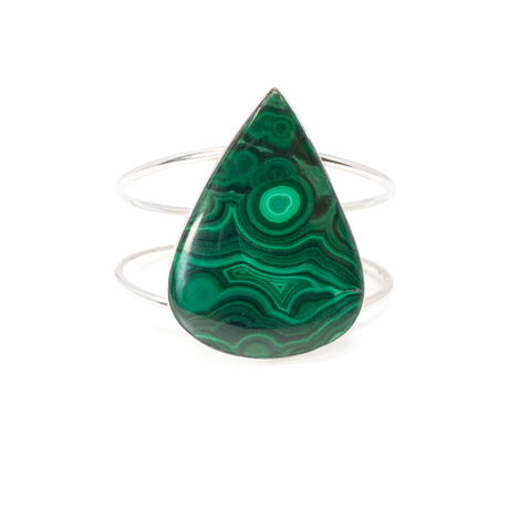 View of Malachite Cuff - Large Pear Cabochon With Silver Bezel Set On 2-band - Dense Ornate Banding With Orbital Inclusions 2\"