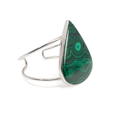 View of Malachite Cuff - Large Pear Cabochon With Silver Bezel Set On 2-band - Dense Ornate Banding With Orbital Inclusions 2\"