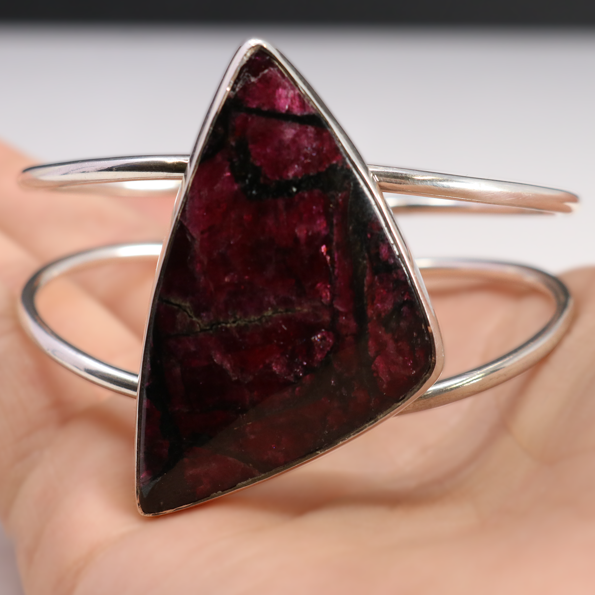 View of Eudailyte Cuff - Asymmetrical Triangle Cabochon With Silver Bezel Set On 2-band Cuff