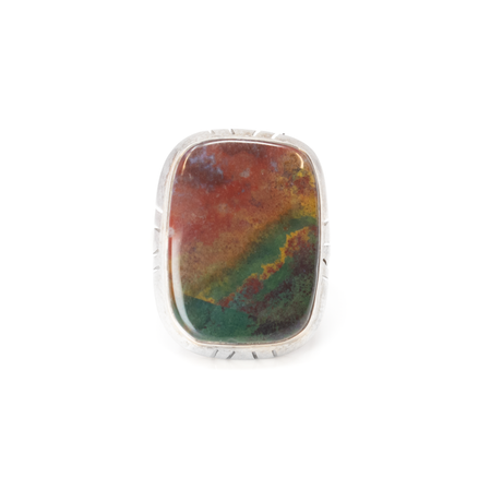 View of Bloodstone Ring - Rectangle Cabochon With Rounded Edges & Line Stamped Silver Step Bezel Sz5.5