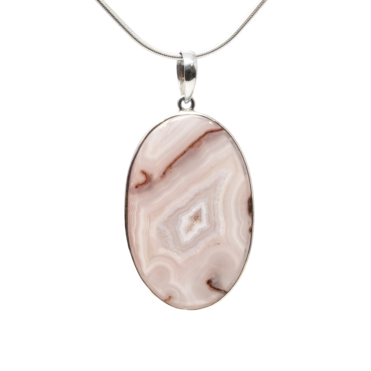 View of Aqua Nevada Agate Pendant - Large Oval Cabochon With Silver Bezel & Druze Pocket Center - Semi-translucent Pastel Pink & White Banding