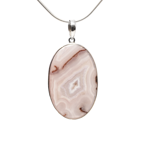 View of Aqua Nevada Agate Pendant - Large Oval Cabochon With Silver Bezel & Druze Pocket Center - Semi-translucent Pastel Pink & White Banding