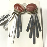 Rhodochrosite Dangle Earrings On Post - East-west Bezel Set Oval Cabochon With Tapered Hammered Silver Bar