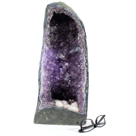 View of Amethyst Geode Cathedral Polished With Cut Base - Small Purple Crystals With Druze Quartz Detailing At Bottom