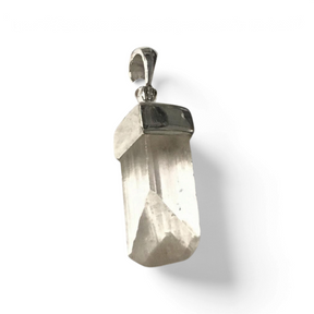 Rare Earth Gallery clear danburite crystal point pendant in a rhodium plated silver bezel setting