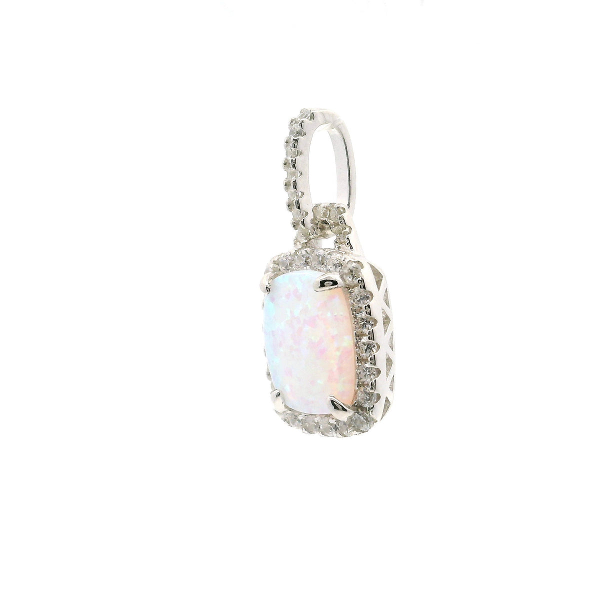 White Opal Pendant - Rectangle Cabochon with White CZs in Bail & Surrounding Prong Setting in 925 Sterling Silver