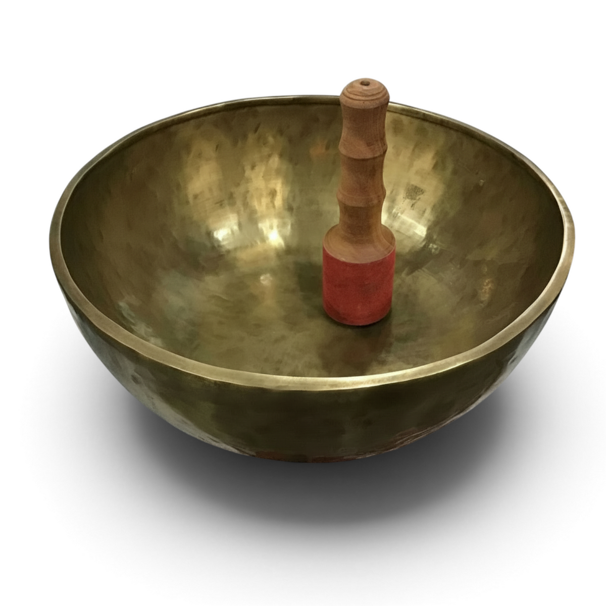 Rare Earth Gallery brass singing bowl in note E with a wooden mallet for meditation and sound healing