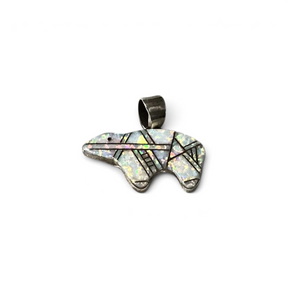 Rare Earth Gallery white opal inlay bear pendant with black heartline detail in sterling silver
