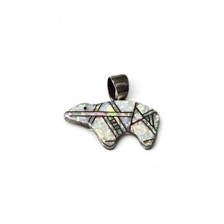 Rare Earth Gallery white opal inlay bear pendant with black heartline detail in sterling silver