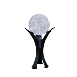 A++ Clear Quartz Sphere on Illuminated Stand with Tri-Leaf Design and Roller Ball Feature