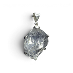 Rare Earth Gallery enhydro quartz pendant featuring a raw, clear crystal with water inclusions in a silver prong setting