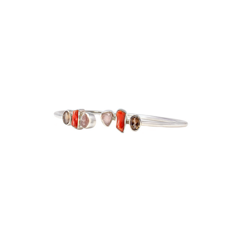 View of Smoky Quartz Twist Bracelet - 2 Faceted Ovals With 2 Rough Rose Quartz Nuggets & 2 Natural Red Coral Freeforms