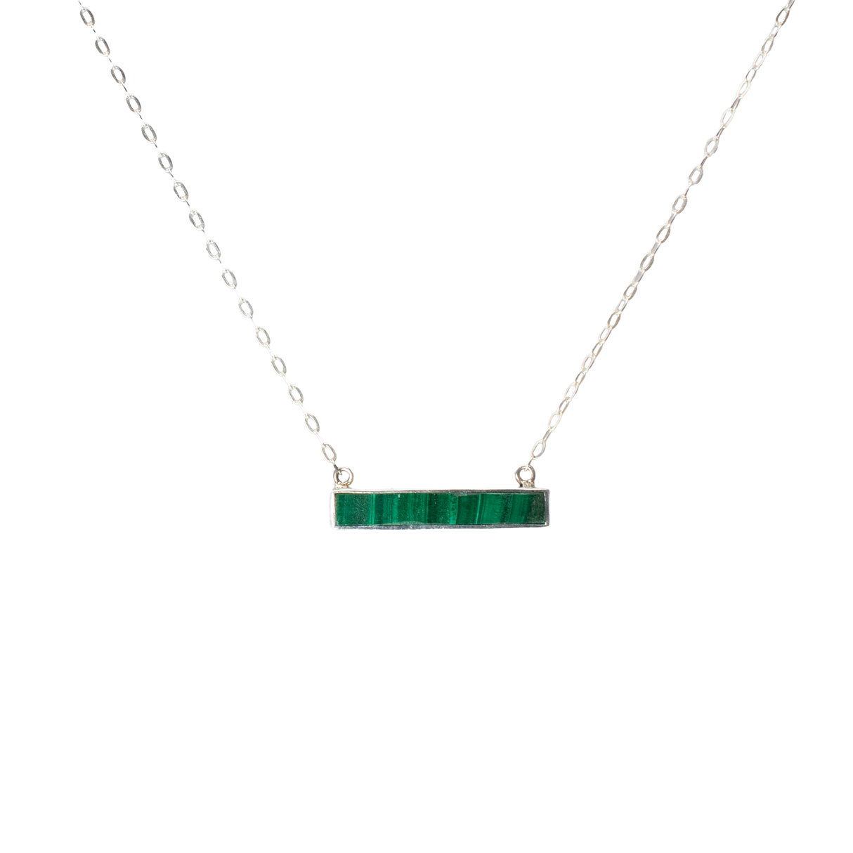 View of Malachite Necklace - Simple Bar With Silver Bezel On Box Chain
