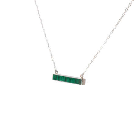 View of Malachite Necklace - Simple Bar With Silver Bezel On Box Chain