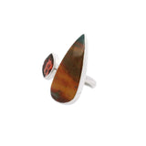 Bloodstone Ring - Elongated Pear Cabochon with Brown & Yellow Stripes & Sharp Oval Faceted Garnet Bezel Set on Open Band in 925 Sterling Silver szAdj