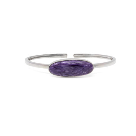 View of Charoite Twist Bracelet - East-west Set Elongated Oval With Silver Bezel