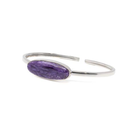 View of Charoite Twist Bracelet - East-west Set Elongated Oval With Silver Bezel