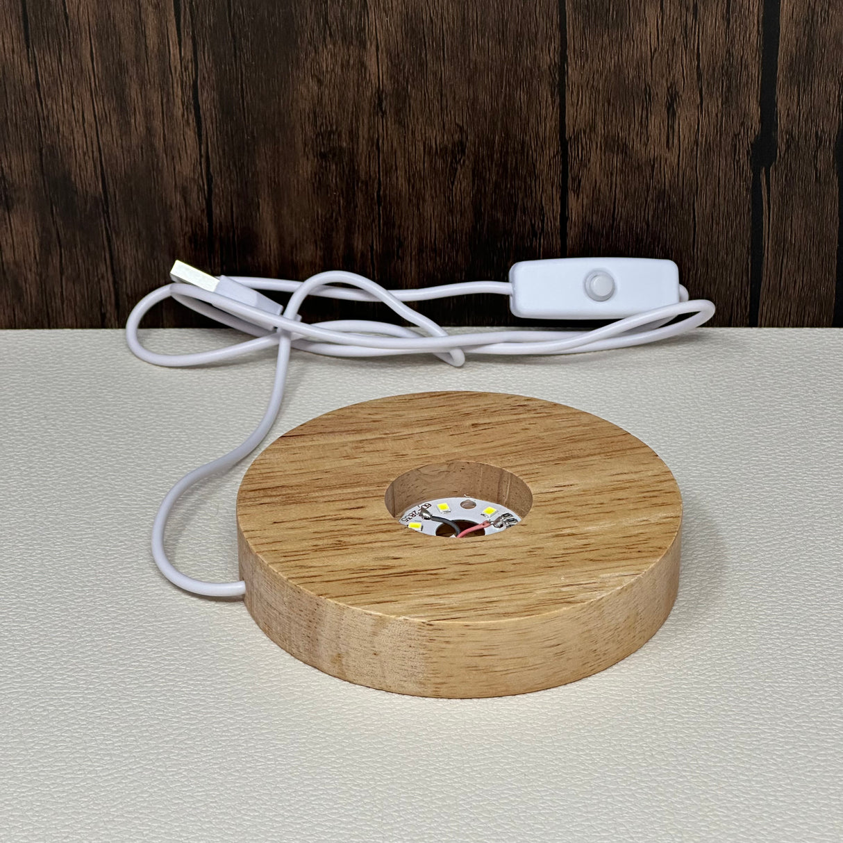 Medium Wooden Light Base -  Round with White Light & USB plug