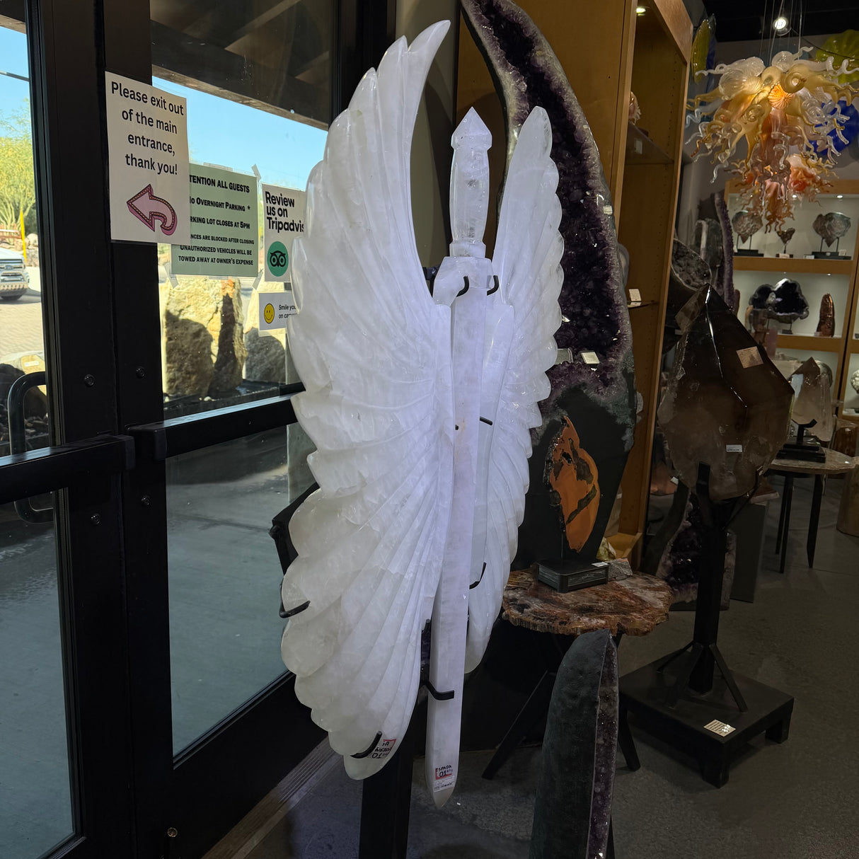 White Quartz Warrior Sword & Angel Wings Carving in Fitted Stand