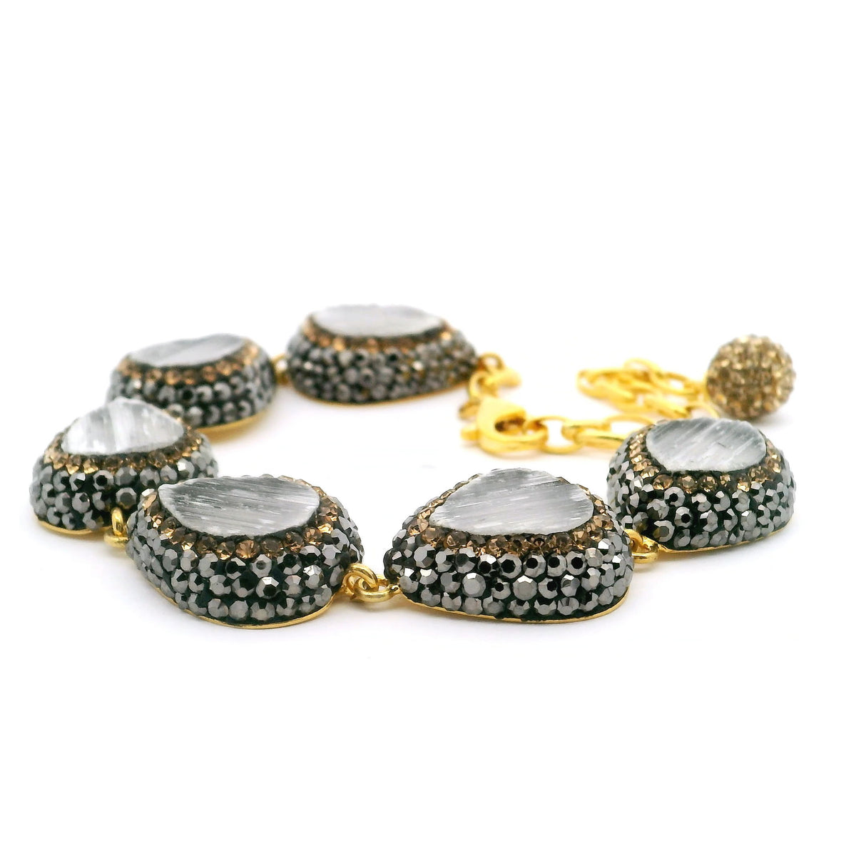 Selenite Link Bracelet - 6 Pear Links Surrounded by Marcasite & Gold Swarovski Crystals with Gold Vermeil over 925 Sterling Silver