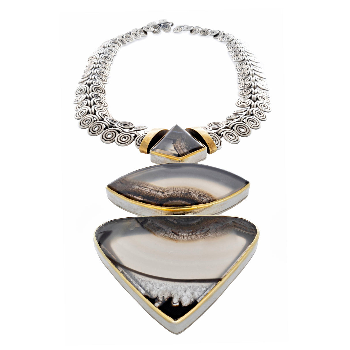 Montana Agate Necklace - 3 Flat Cut Polished Agates Set in Sterling Silver Bezels with Gold Vermeil Accents Set on Hittite Swirl Chain Design & Hidden Clasp
