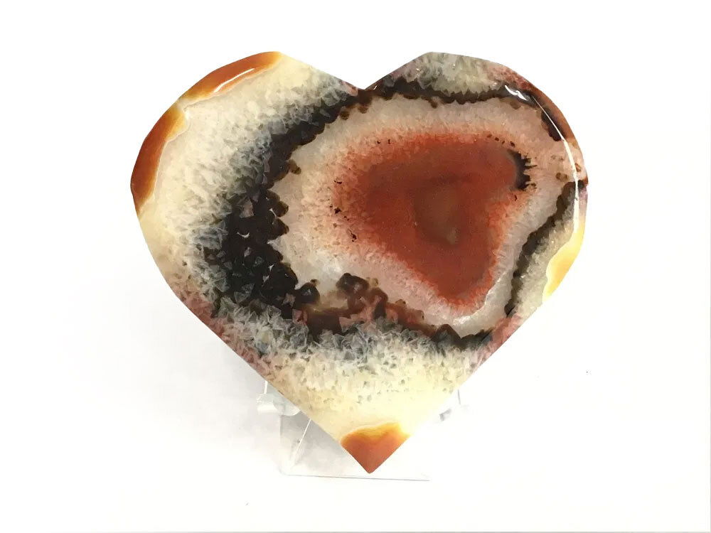 Sardonyx Carnelian Agate Heart Flat with Druze on Lucite Stand - Dark Brown Swirling Band on Edges & Large Dark Brown Area Surrounding Yellow Druze Pocket & Red Splash on Reverse