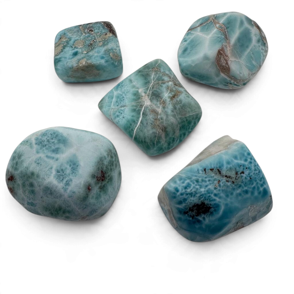 Rare Earth Gallery matte finished Larimar tumbled stones with unique blue and white patterns on a white background