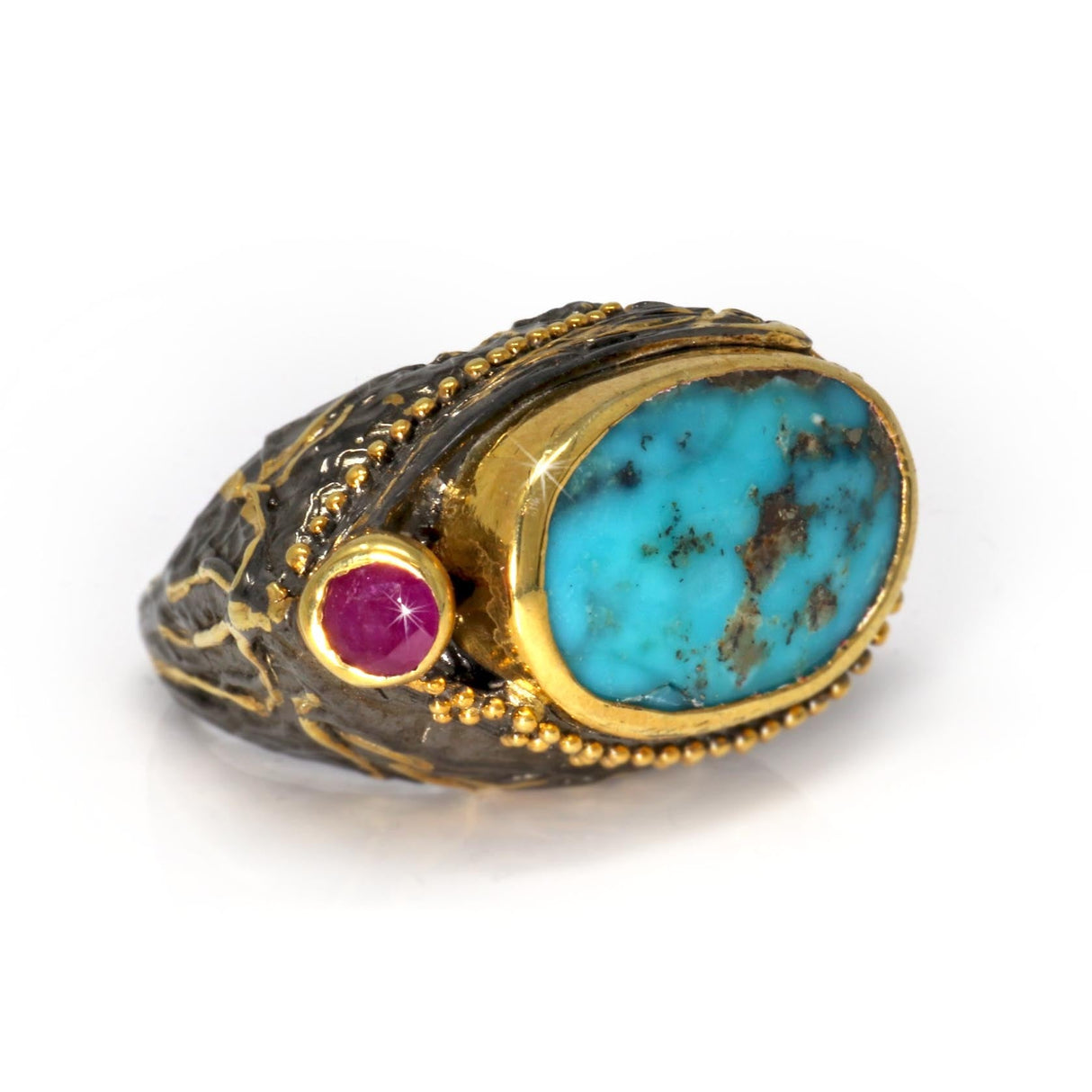 Persian Turquoise Ring Size 8.5 - Flat Cut Oval & Faceted Ruby Round with Gold Vermeil Bezels & Beading on Ornate Oxidized Sterling Silver Band with Flying Crane Design & Gold Vermeil Accents