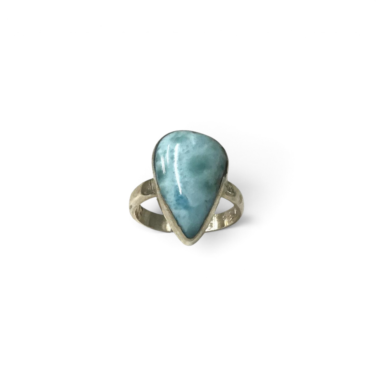 Rare Earth Gallery size 8 ring featuring a light blue freeform pear-shaped larimar cabochon set in polished silver.