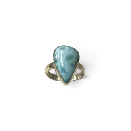 Rare Earth Gallery size 8 ring featuring a light blue freeform pear-shaped larimar cabochon set in polished silver.