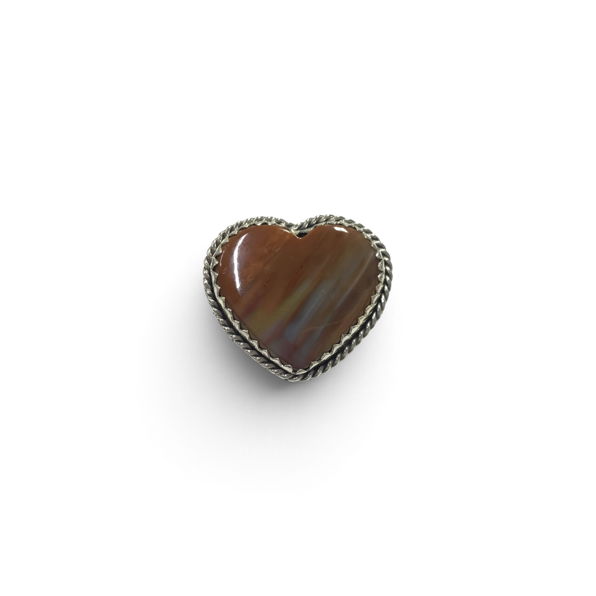 Rare Earth Gallery Arizona petrified wood heart ring with a sterling silver rope bezel and scalloped edge.