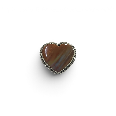 Rare Earth Gallery Arizona petrified wood heart ring with a sterling silver rope bezel and scalloped edge.