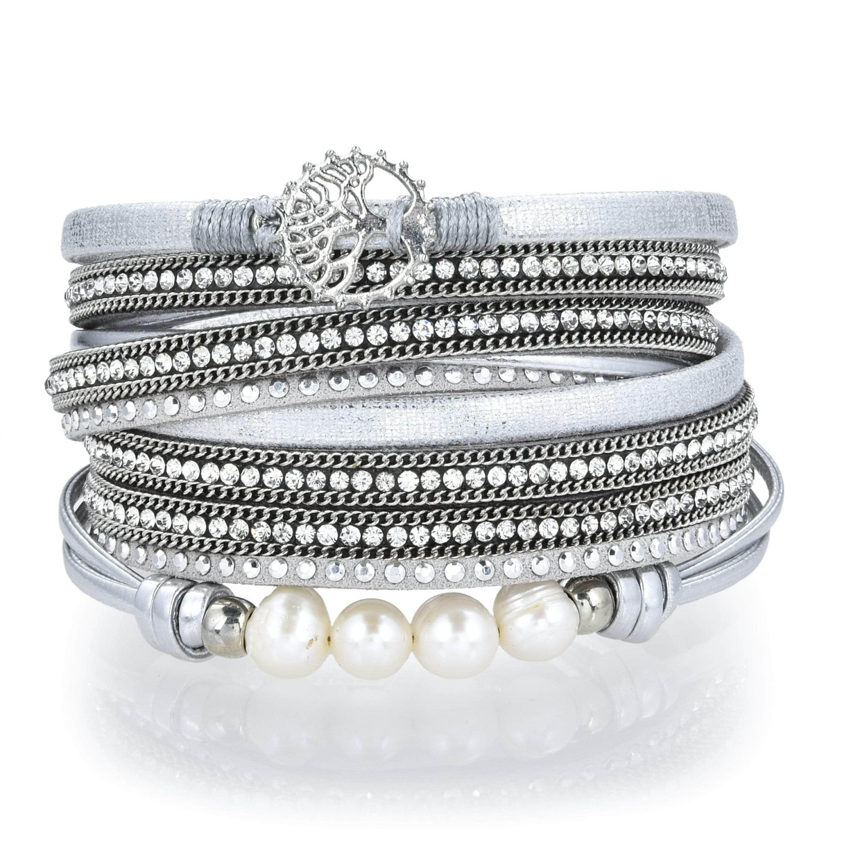 Tree Of Life Design Silver Leather & Pearls Double Wrap Bracelet with Magnetic Clasp - Sacred Geometry