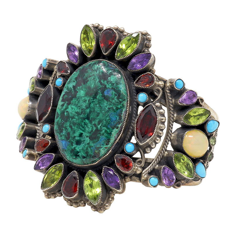 Leo Feeney Chatoyant Malachite & Chrysocolla Cuff Bracelet with Garnet, Ethiopian Opal, Peridot, Sleeping Beauty Turquoise & Amethyst