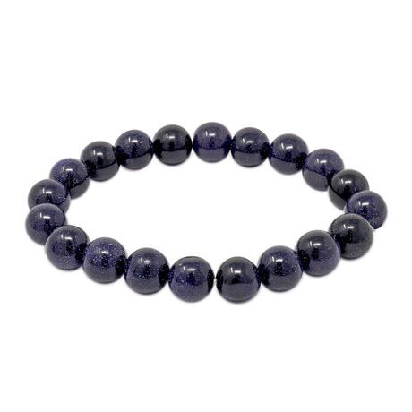 Blue goldstone 10 mm round beaded stretch bracelet with sparkling midnight-blue beads.