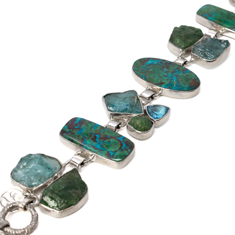 View of Chrysocolla Malachite Link Bracelet - 3 Geometric Cabochons With Rough Blue Apatite & Emerald Freeforms With Faceted Blue Topaz Set In Silver Bezels