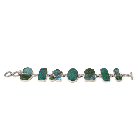 View of Chrysocolla Malachite Link Bracelet - 3 Geometric Cabochons With Rough Blue Apatite & Emerald Freeforms With Faceted Blue Topaz Set In Silver Bezels