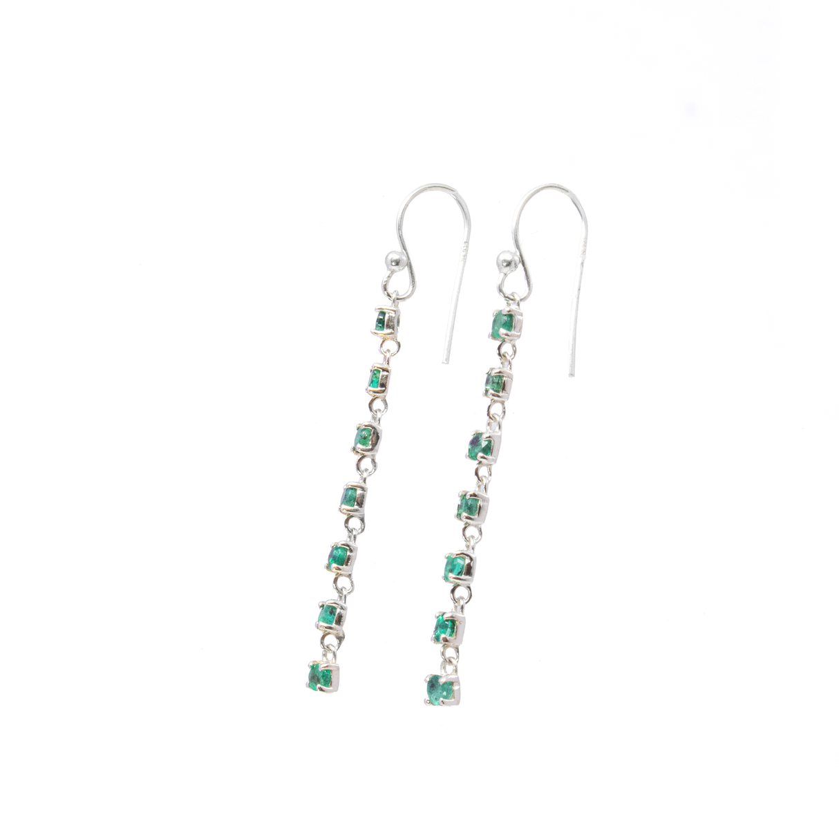 View of Emerald Dangle Earrings - 7 Faceted Rounds - Prong Set