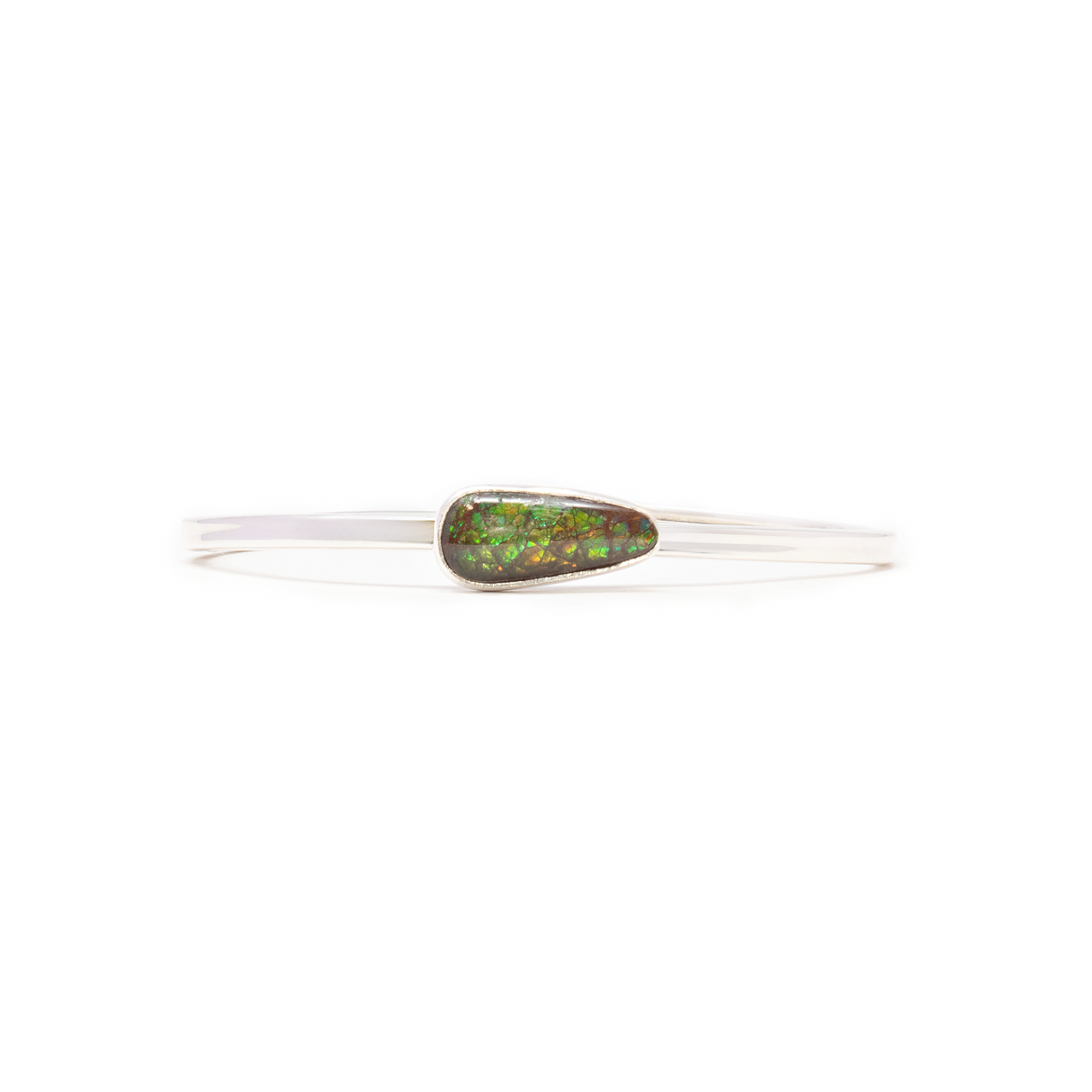 View of Ammolite Twist Bracelet - Pear Cabochon With Rounded Edges & Simple Silver Bezel