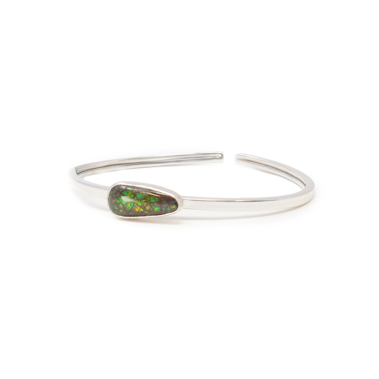 View of Ammolite Twist Bracelet - Pear Cabochon With Rounded Edges & Simple Silver Bezel
