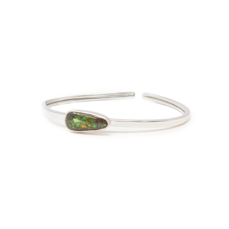 View of Ammolite Twist Bracelet - Pear Cabochon With Rounded Edges & Simple Silver Bezel