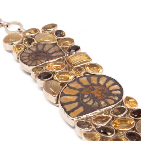 View of Ammonite Bracelet - 3 Ammonites Set In Faceted Citrines With Smoky Quartz & Golden Rutile Geometric Matrix