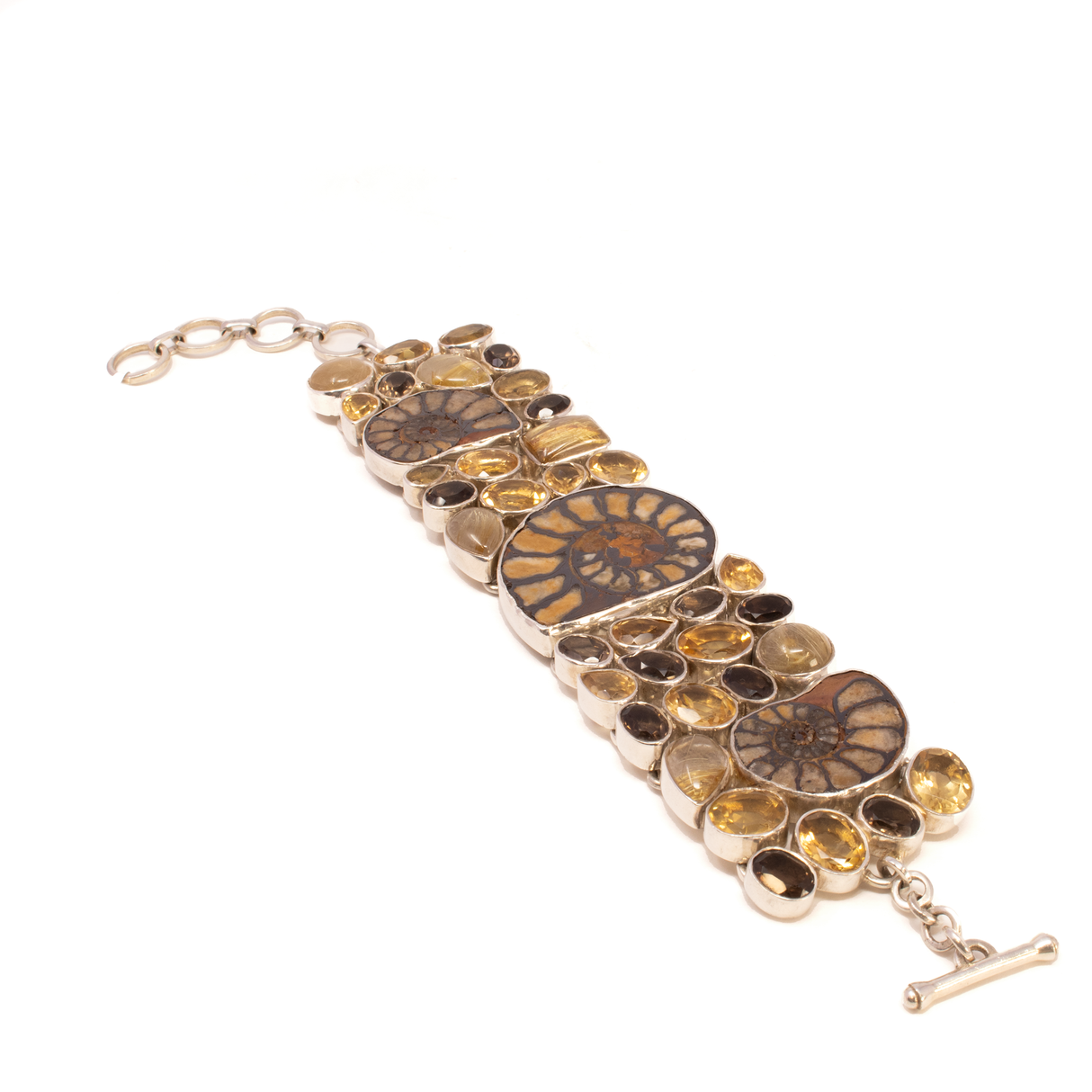 View of Ammonite Bracelet - 3 Ammonites Set In Faceted Citrines With Smoky Quartz & Golden Rutile Geometric Matrix