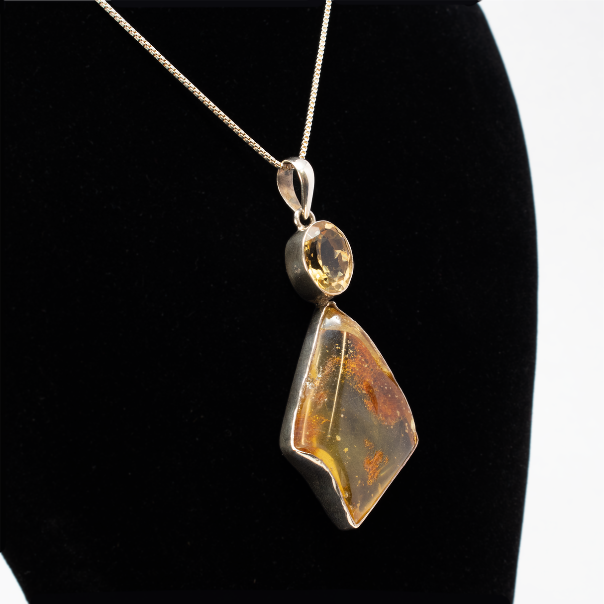 View of Amber Pendant - Natural Freeform Cabochon With Faceted Citrine Oval & Silver Bezels