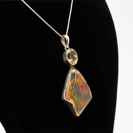 View of Amber Pendant - Natural Freeform Cabochon With Faceted Citrine Oval & Silver Bezels