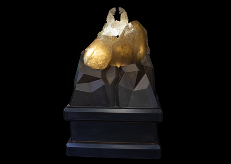 View of Natural Smoky Citrine Quartz Crystal Cluster Eagle Carving on Custom Angular Light Base on Wheels with 2 Tone Patina