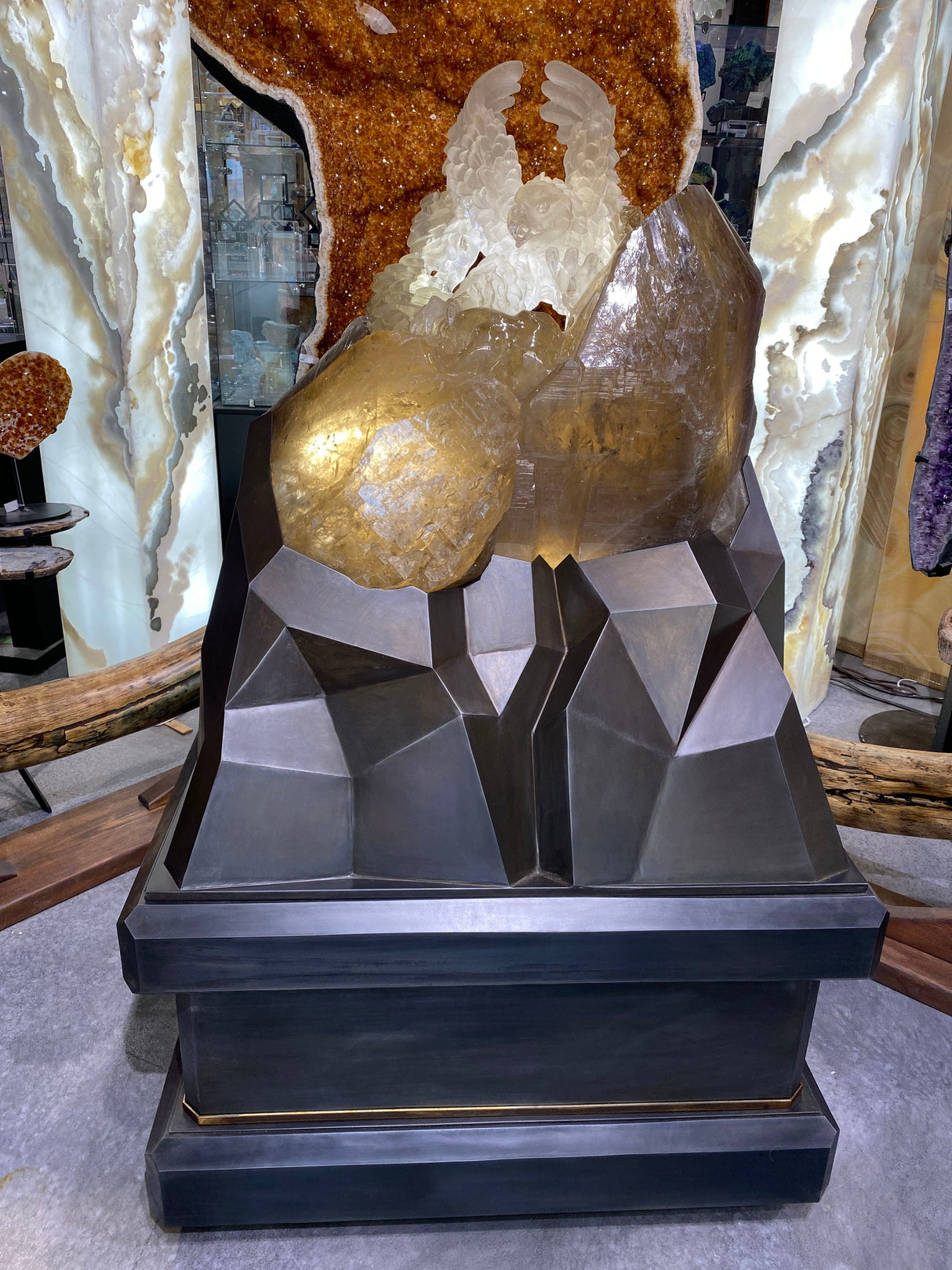 Natural Smoky Citrine Quartz Crystal Cluster Eagle Carving on Custom Angular Light Base on Wheels with 2 Tone Patina